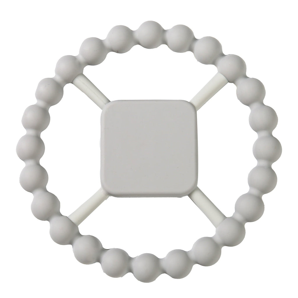 White silicone teething ring with a square handle.