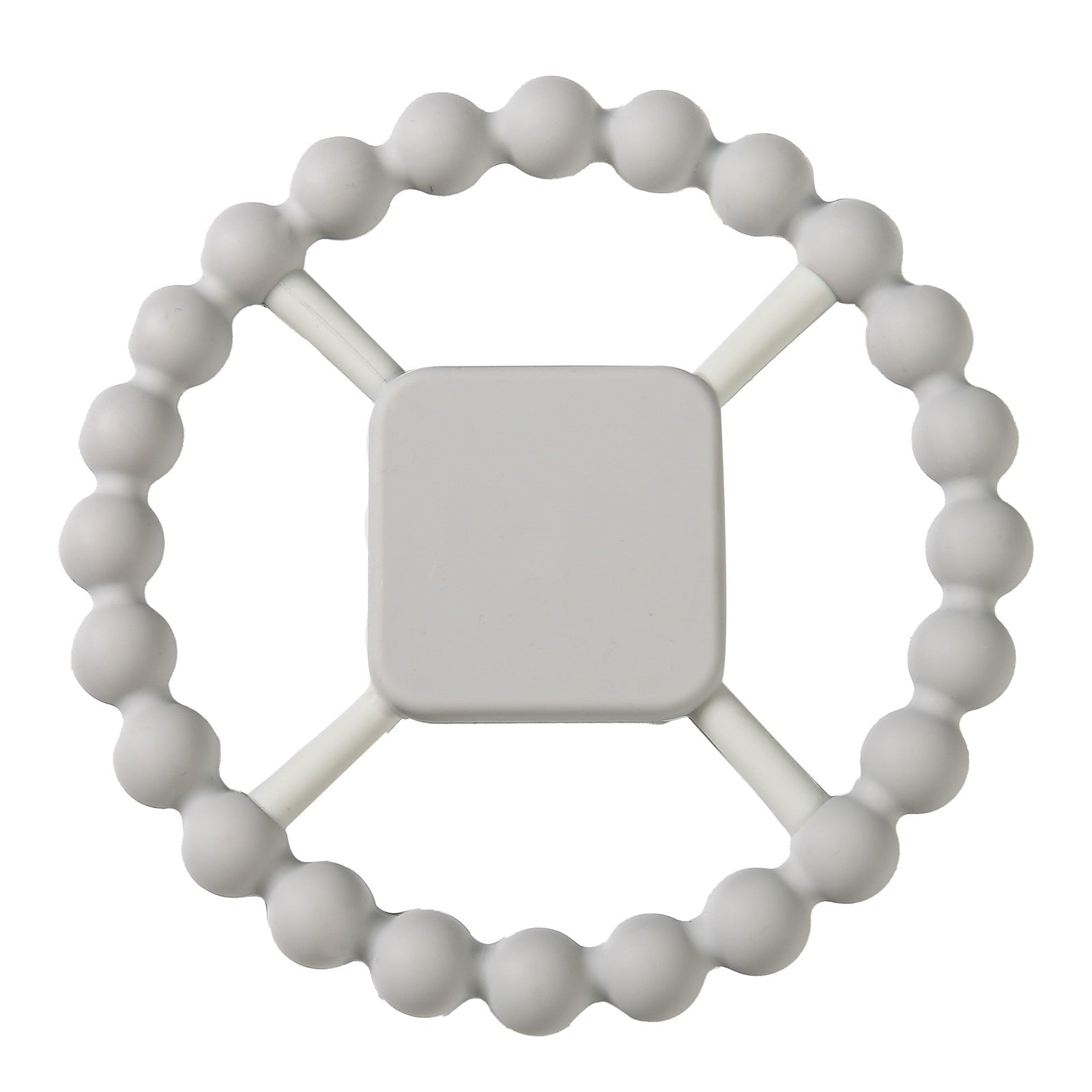 White silicone teething ring with a square handle.