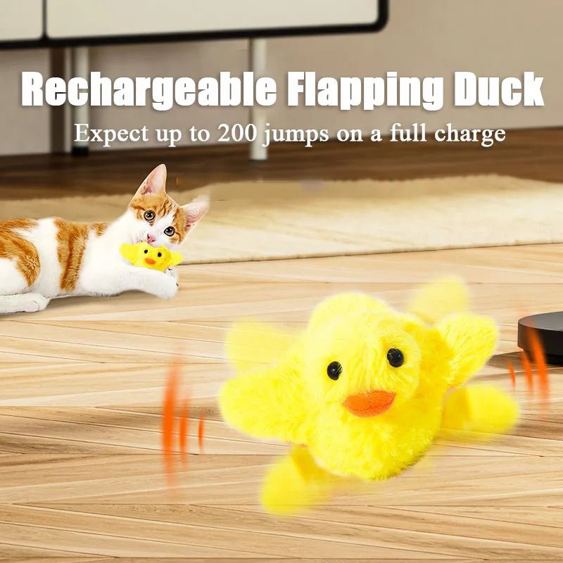 Flapping Duck Cat Toy in yellow shown during active play for cat exercise and entertainment.