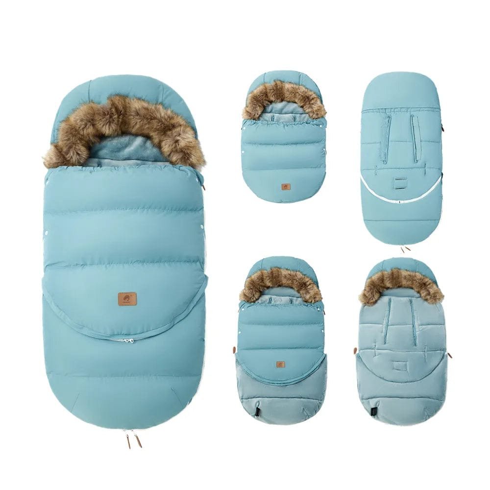 Light blue fleece-lined stroller sleeping bag with fur trim, a cosy footmuff for baby naps during winter walks.