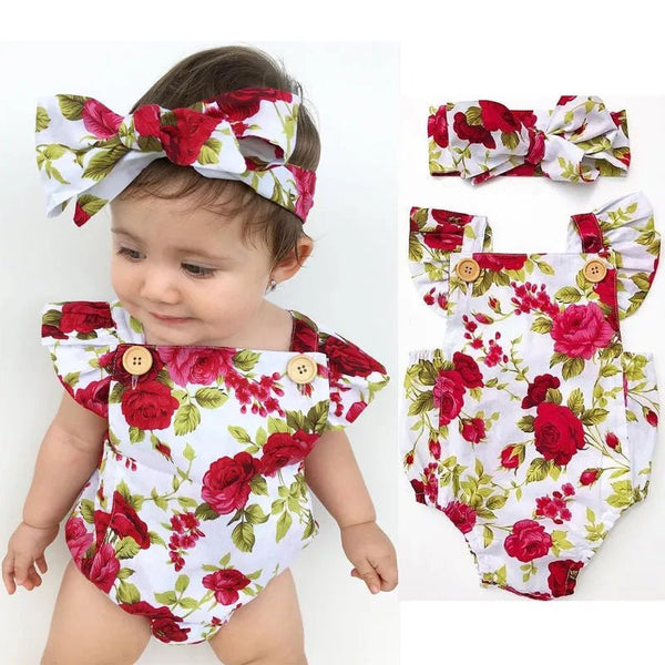 Baby outfit with a floral romper and headband