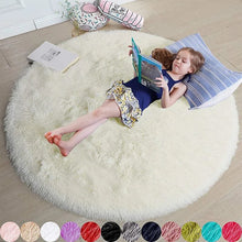 Child lying on a fluffy white rug reading a book, with color swatches at the bottom.