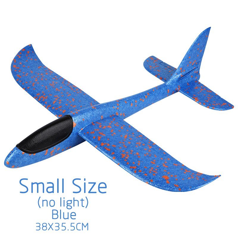 Blue speckled foam glider with text indicating size and color.