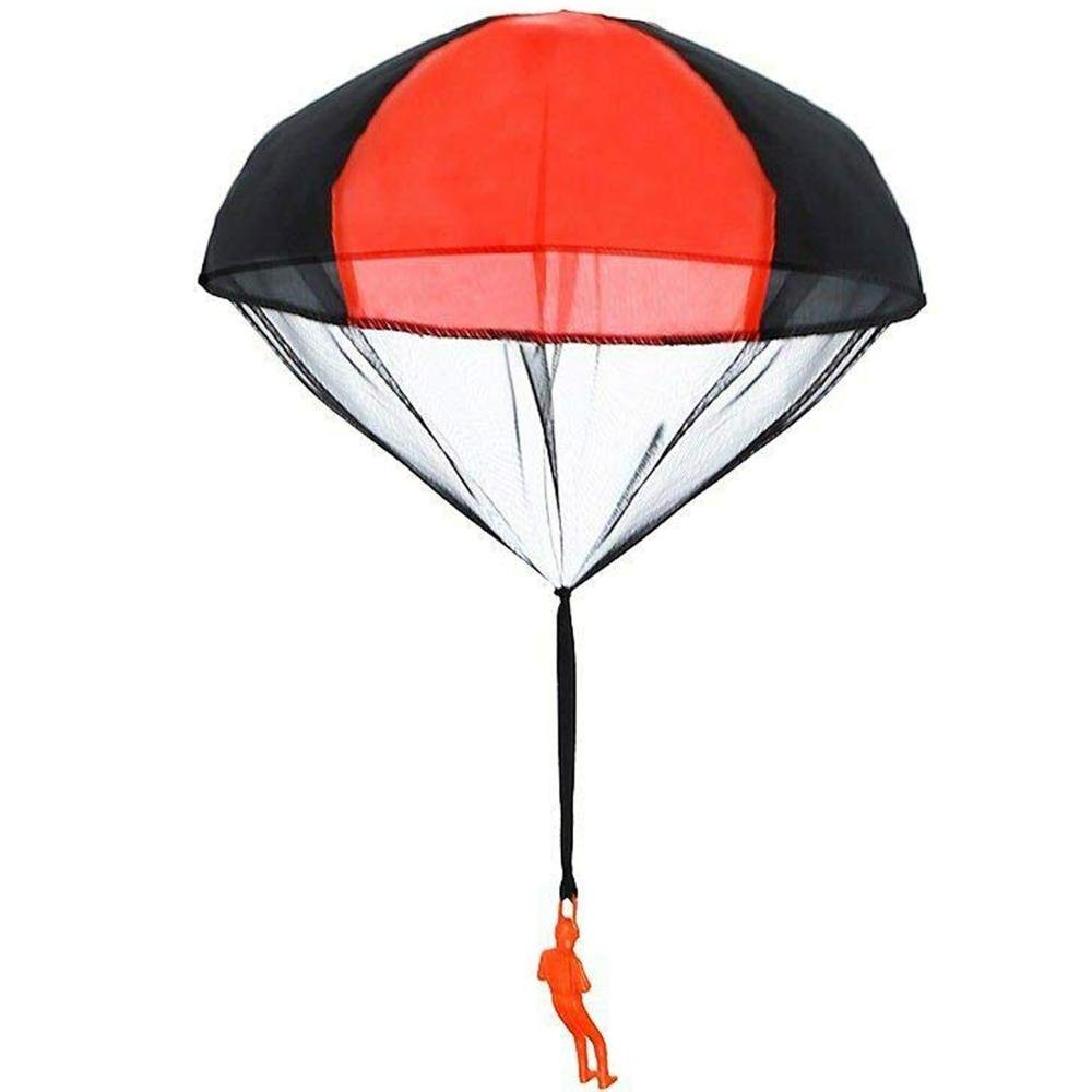 Red and black toy parachute with an orange handle