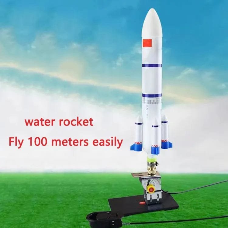 Flying water rocket with launch pad for garden play, science experiments and active outdoor games.