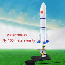 Flying water rocket with launch pad for garden play, science experiments and active outdoor games.