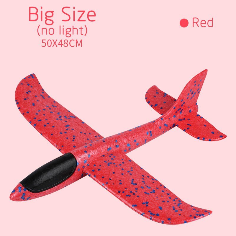Red airplane model with blue speckles.