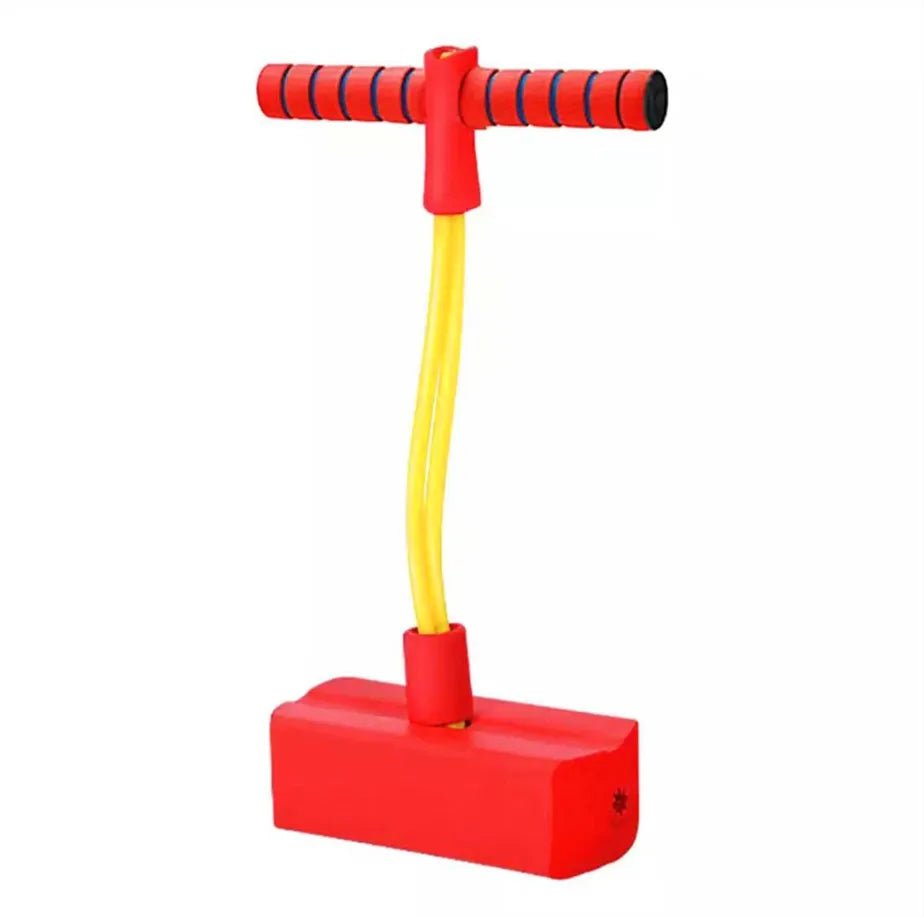 Red pogo stick with yellow spring.