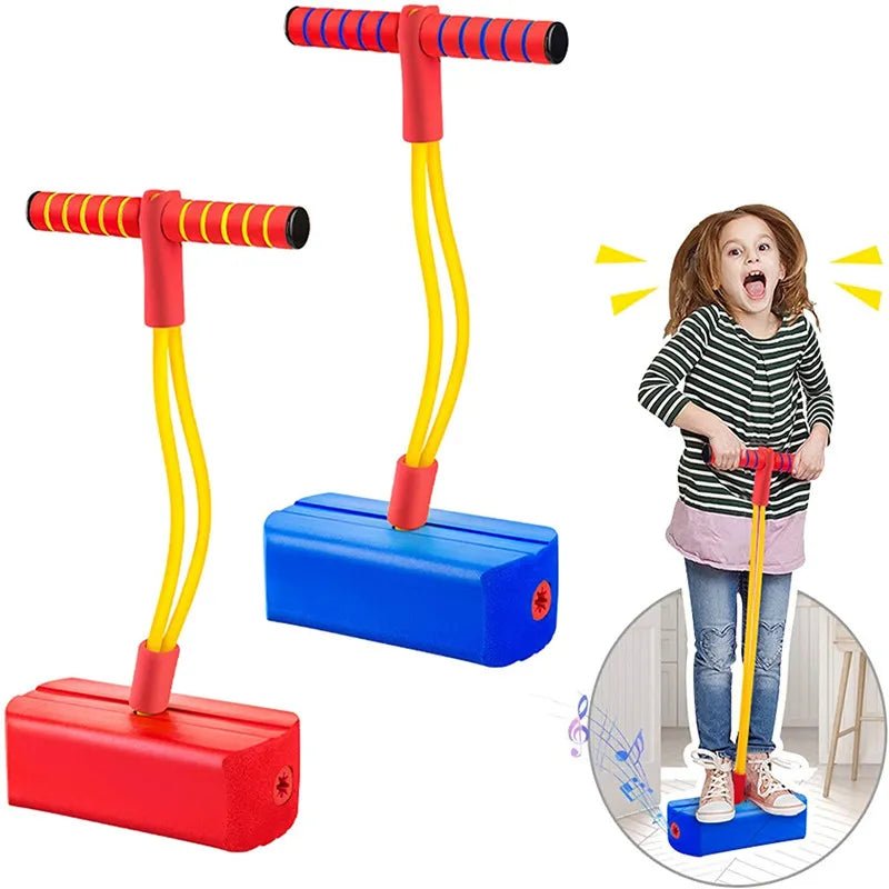 Colorful pogo jump toy with a child using it.