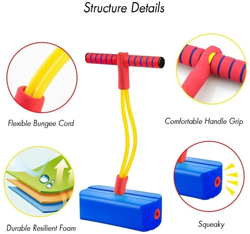 Colorful pogo stick with detailed views of bungee cord, handle grip, foam block, and squeaky mechanism.