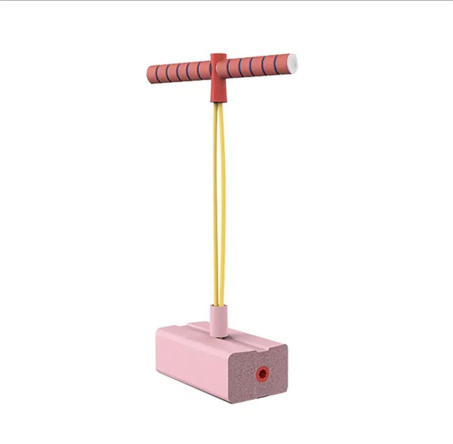 Pink pogo jump with red handle.