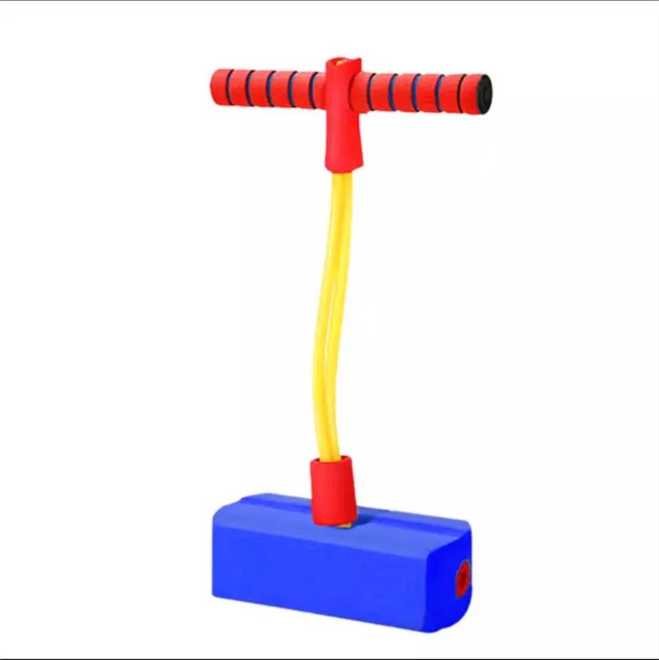 Colorful pogo stick with red handles and blue base.