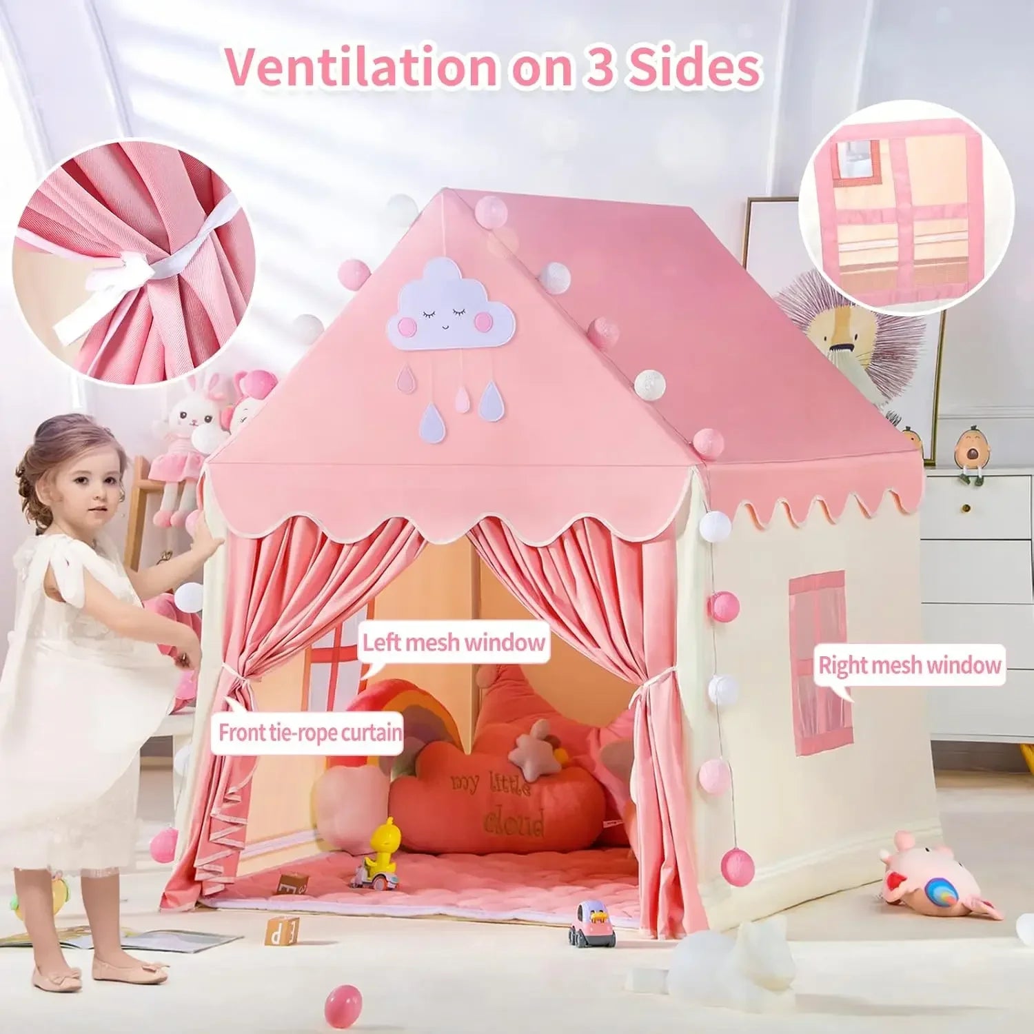 Foldable princess castle teepee playhouse with ventilation mesh for airflow during indoor play.