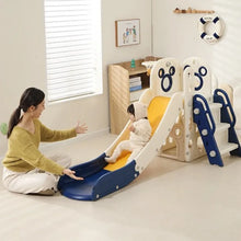 Foldable kids slide used indoors for active play near a bookshelf and window.
