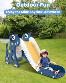 Child sliding down a blue and yellow slide in a garden with text 'Outdoor Fun: Enjoy the Slide Anytime, Anywhere'.