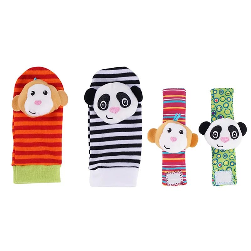 Four cartoon animal face baby foot finder socks with rattles for keeping little ones entertained during nappy changes.