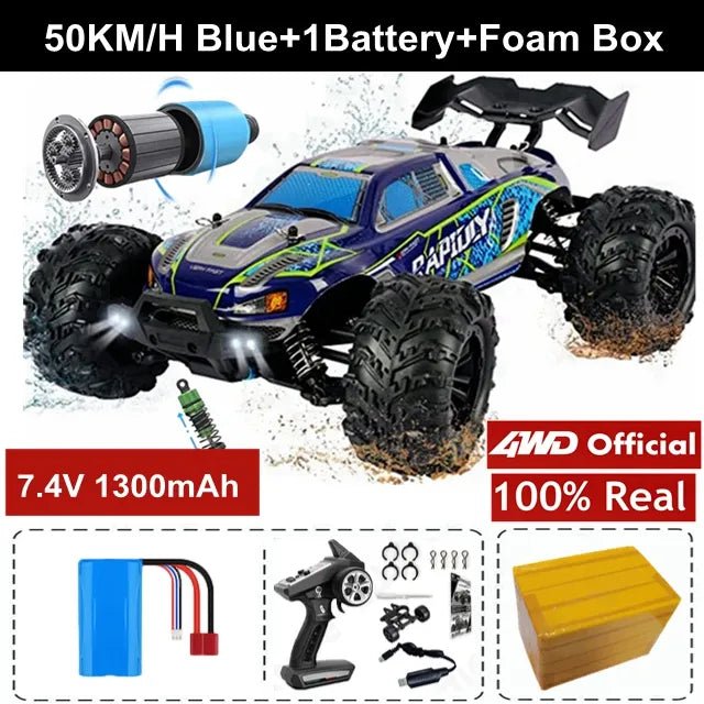 Four wheel drive RC drift car with off-road specification sheet, showing the drive setup used for fast cornering.