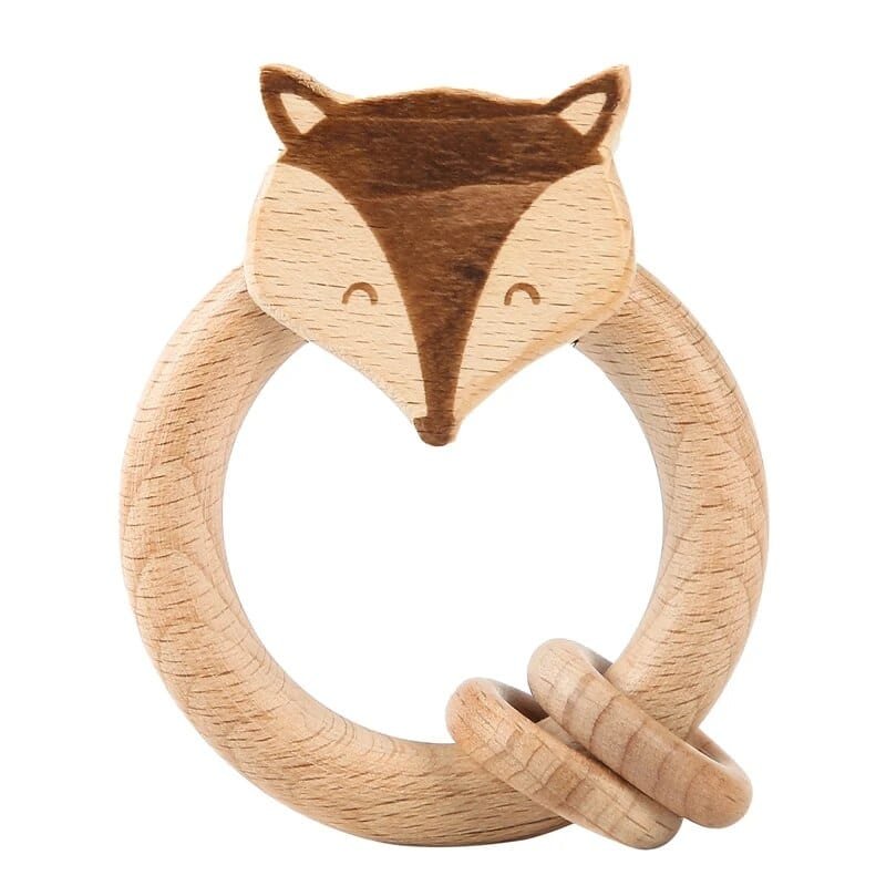 Fox crochet wooden baby rattle and teether ring shown as a colour swatch for baby shower gifting.