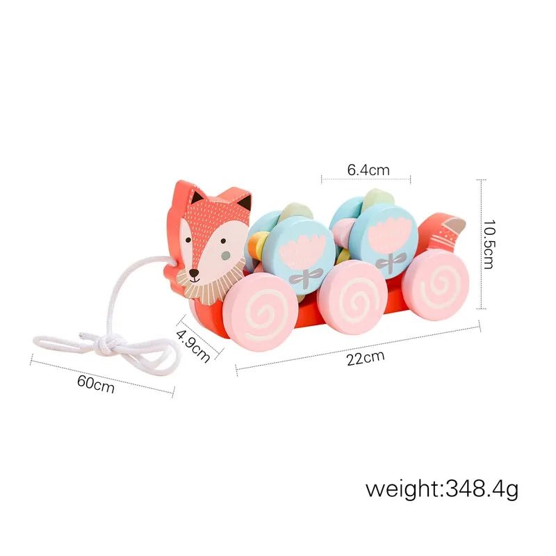 Montessori wooden train and trolley toy in a classic design featuring a fox-shaped piece with measurements.