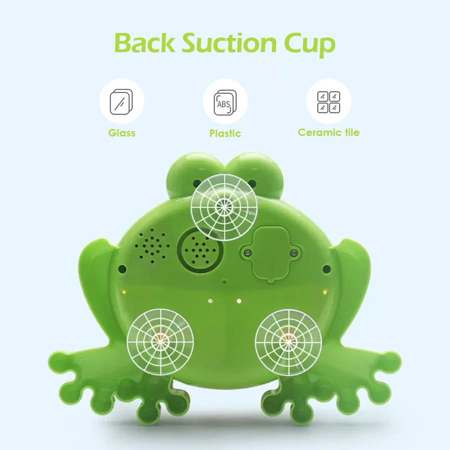 Frog Automatic Bubble Machine bath toy with suction back for secure mounting during bath time.