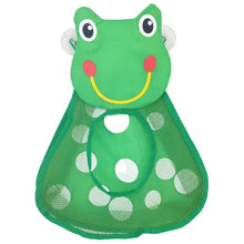 Green frog suction cup mesh net holder for storing bath toys on the tub wall.
