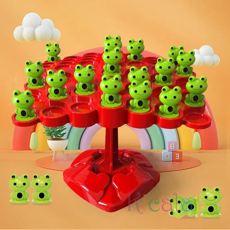 Frog tree balancing game with green frogs on a red base for stacking practice and early maths skills.