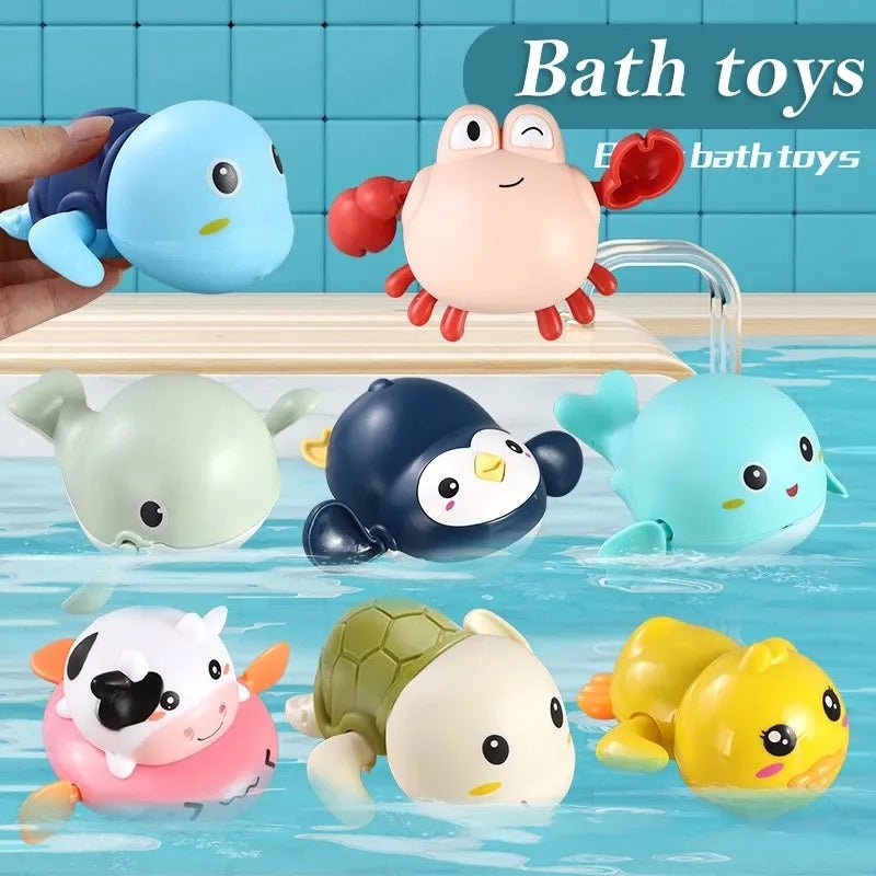 Frogs Clockwork Swimming Bath Toy set with turtle, penguin, and fish for interactive bathtub water play.