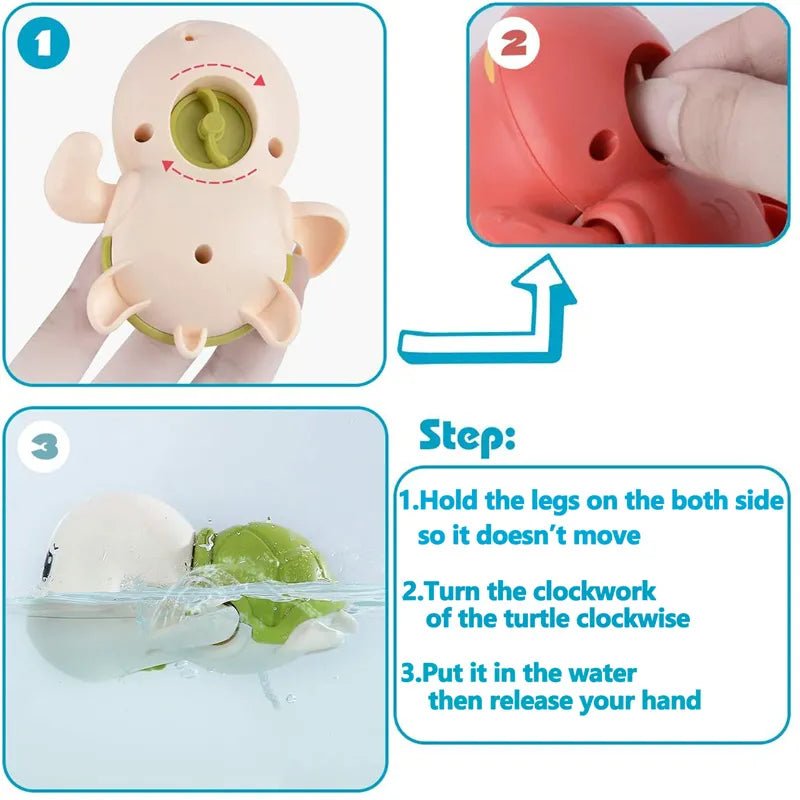 Frogs Clockwork Swimming Bath Toy shown with wind-up instructions for easy bath time setup.