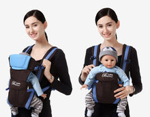 Front facing baby carrier worn by a mother for daily outings, shopping trips and hands-free comfort.