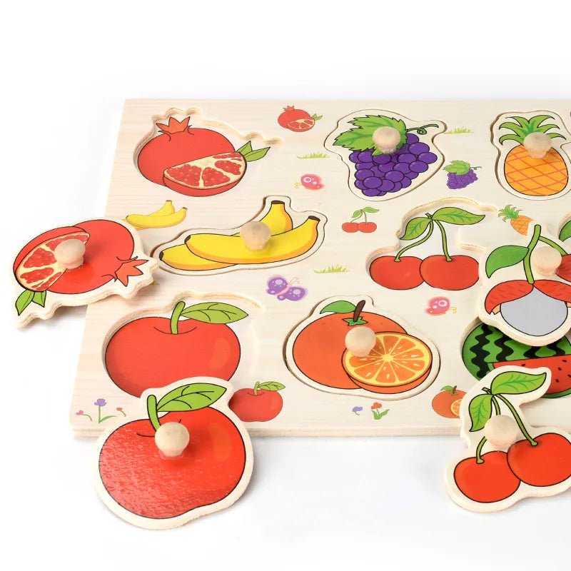 Montessori wooden fruit shape puzzle board set for toddlers matching colors and shapes during playtime.