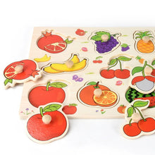 Montessori wooden fruit shape puzzle board set for toddlers matching colors and shapes during playtime.