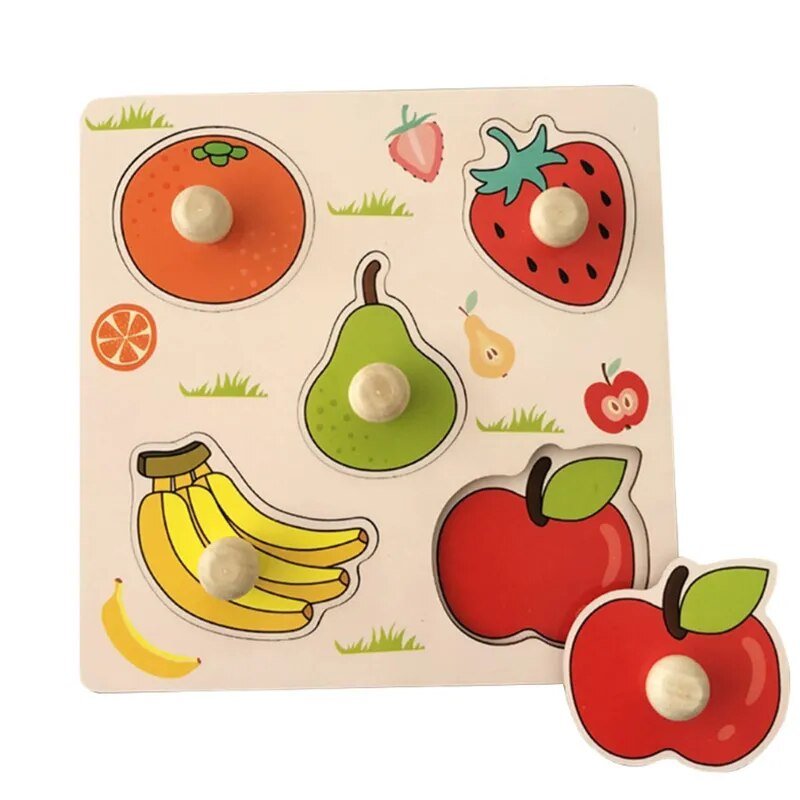 Montessori wooden puzzle board with colorful fruit shapes for babies and toddlers exploring early learning.