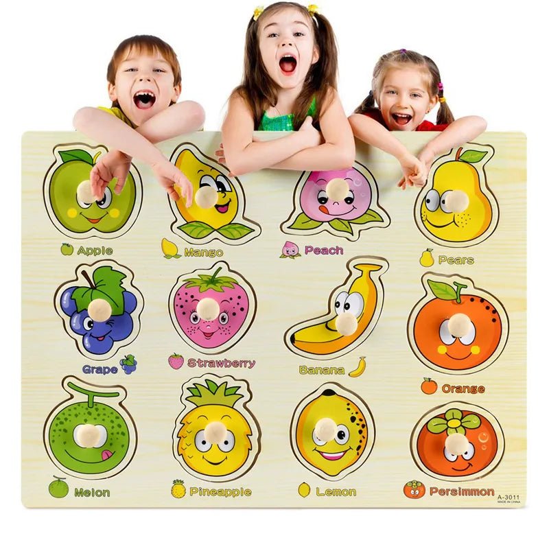 Children playing with a Montessori wooden fruit and vegetable puzzle as an early learning toy for group play.