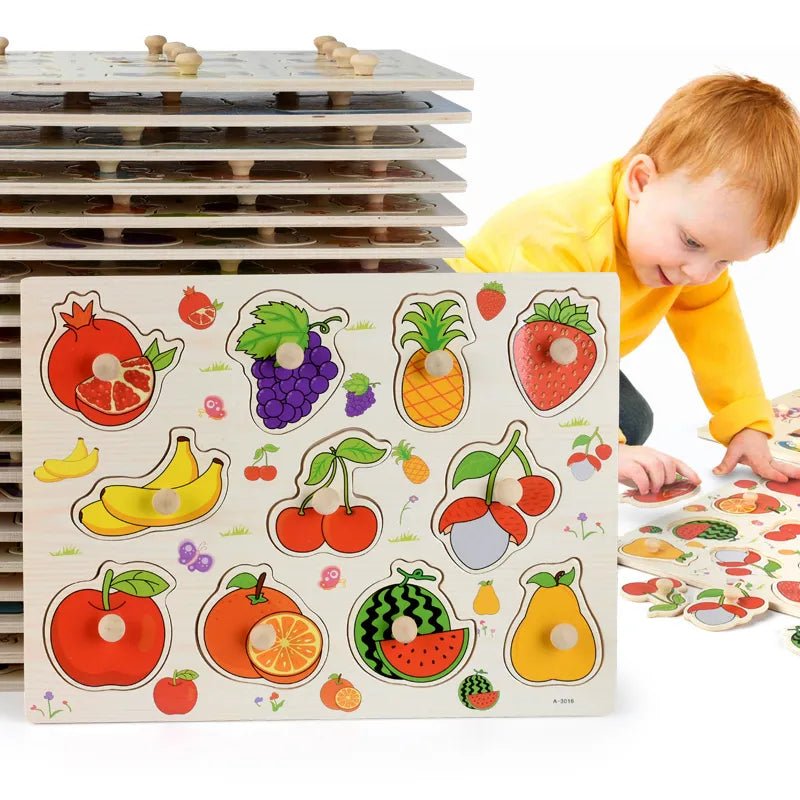 Montessori wooden fruit and vegetable puzzle for toddlers exploring shapes and colors through hands-on play.