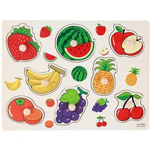 Montessori wooden 3D puzzle game with fruit and vegetable shapes for babies matching colors and forms.