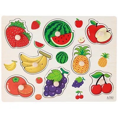 Montessori wooden 3D puzzle game with fruit and vegetable shapes for babies matching colors and forms.