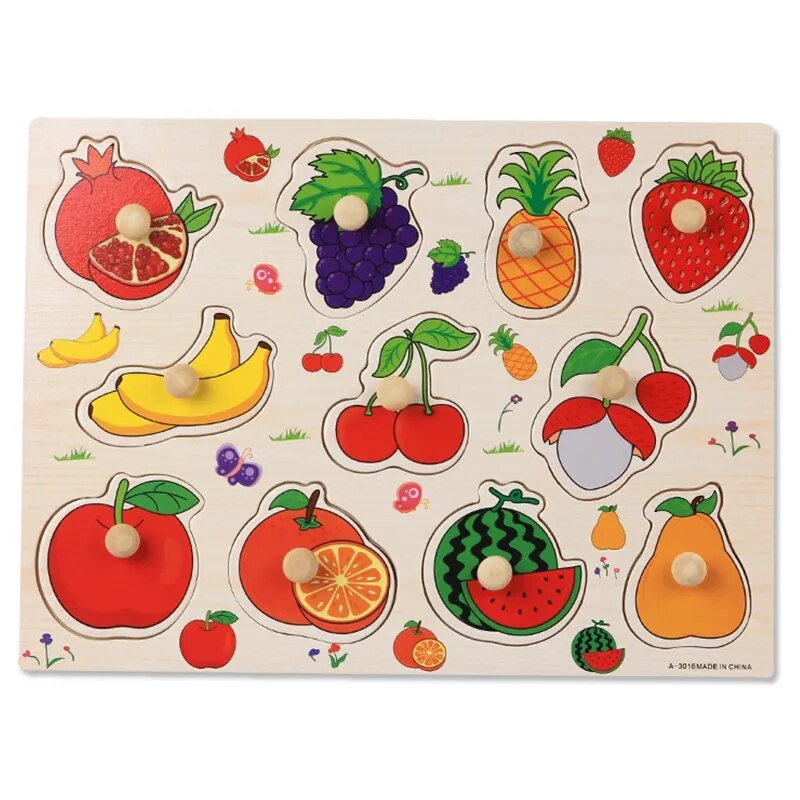 Montessori wooden baby puzzle educational game with fruit and vegetable shapes for color and form practice.