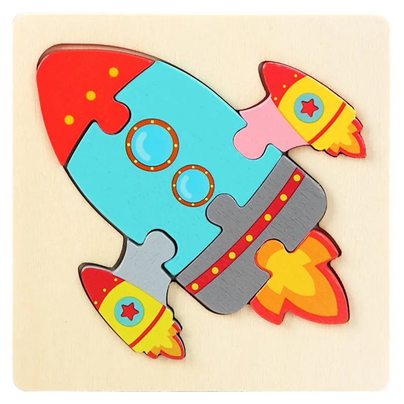 Wooden puzzle shaped like a colorful rocket 