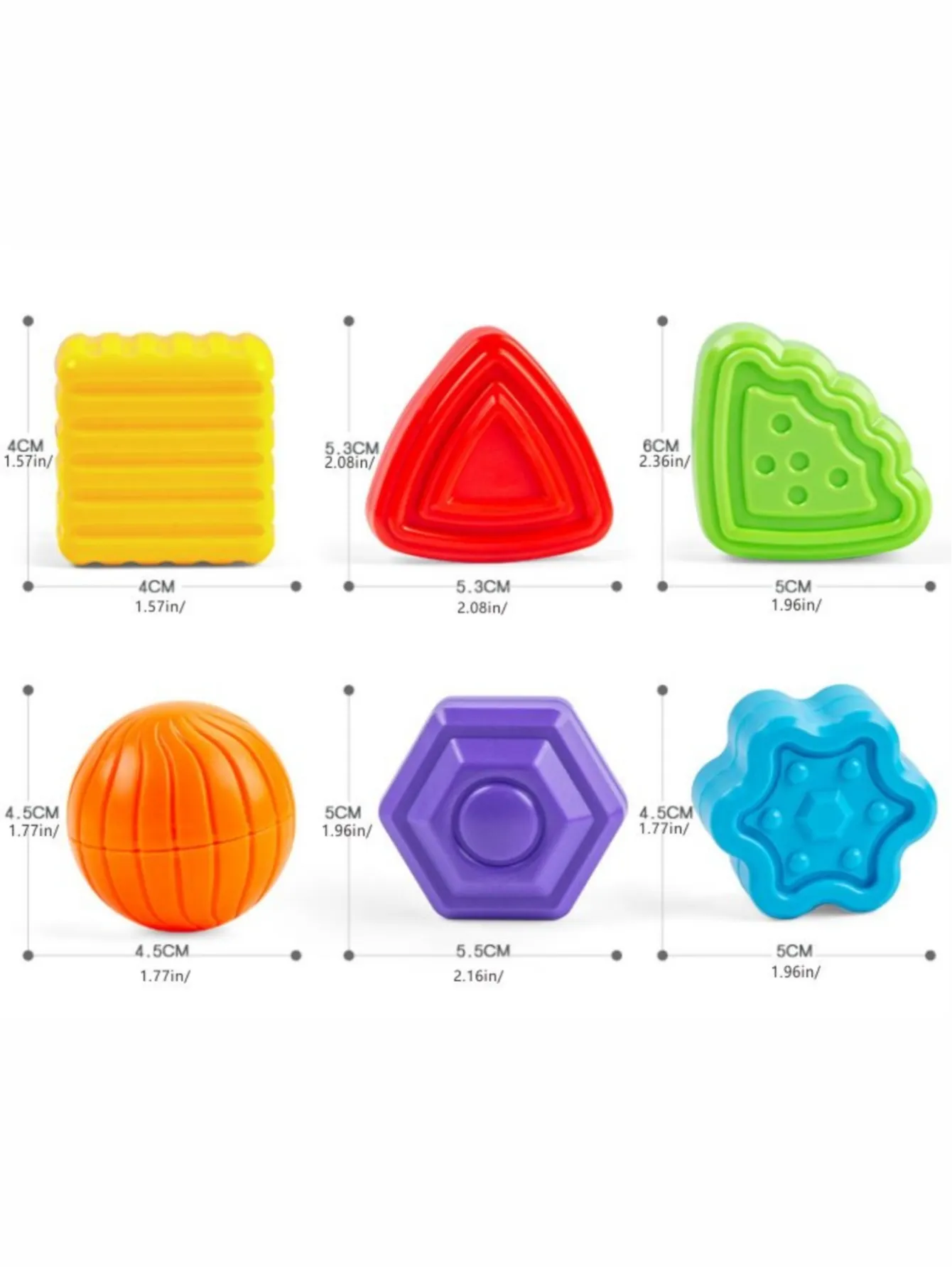 Set of colorful plastic shapes with measurements.