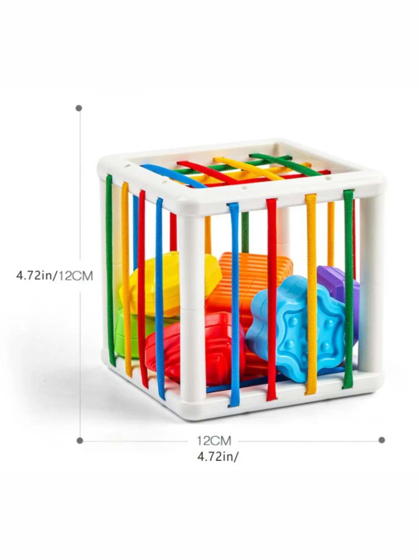 Colorful toy cube with shapes inside, showing dimensions. (option 2)