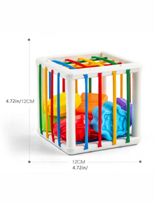 Colorful toy cube with shapes inside, showing dimensions. (option 2)
