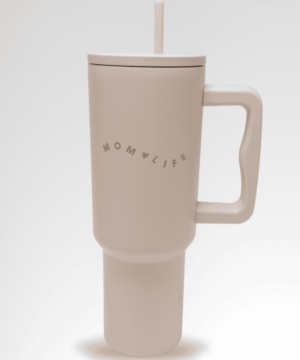 Beige travel mug with 'MOMLIFE' text 