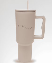 Beige travel mug with 'MOMLIFE' text 