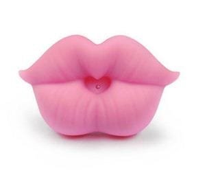 Red Kiss Lips Baby Pacifier in pink silicone, a funny soother for baby photo shoots and daily comfort.