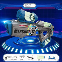 Futuristic electric water gun with LED lighting for kids summer outdoor play and water games.