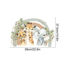 Illustration of a giraffe, cheetah, and elephant under an arch with floral decorations.