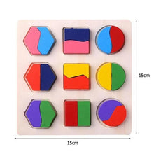 Montessori wooden baby puzzle board with colorful geometric shapes for early development play sessions.