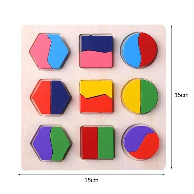 Montessori wooden baby puzzle board with colorful geometric shapes for early development play sessions.
