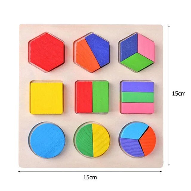 Montessori wooden vehicle puzzle toy with colorful geometric shapes for babies practicing early motor skills.