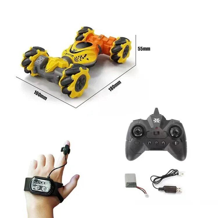 Drift RC car with gesture control twist and climb function shown with wrist remote and USB cable.